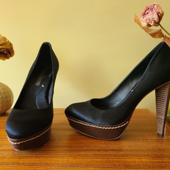 Black Satin Stacked Pumps with Wood Heel - Picture 5 of 7